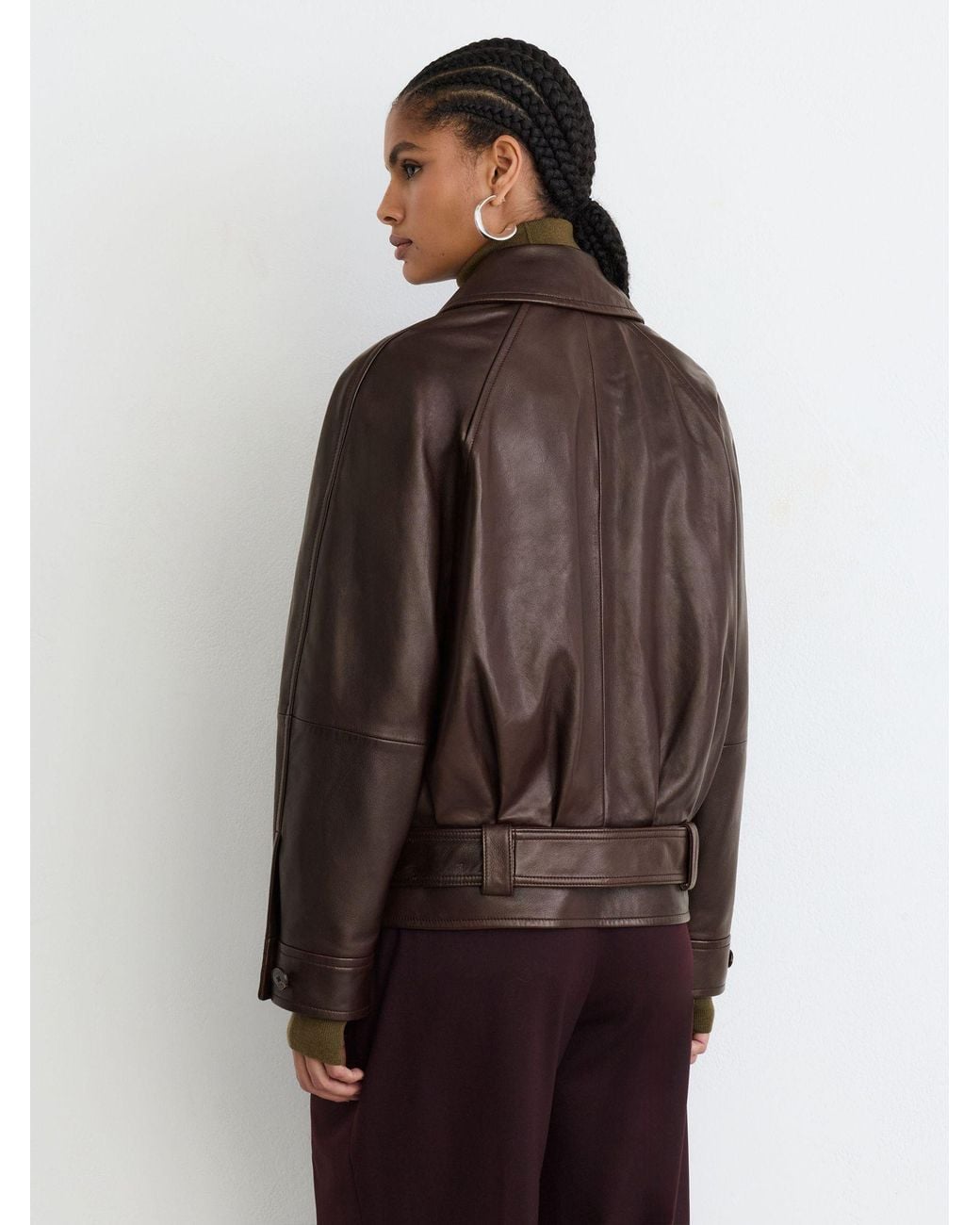 Reiss Green Leather Belted Raglan-Sleeve Jacket