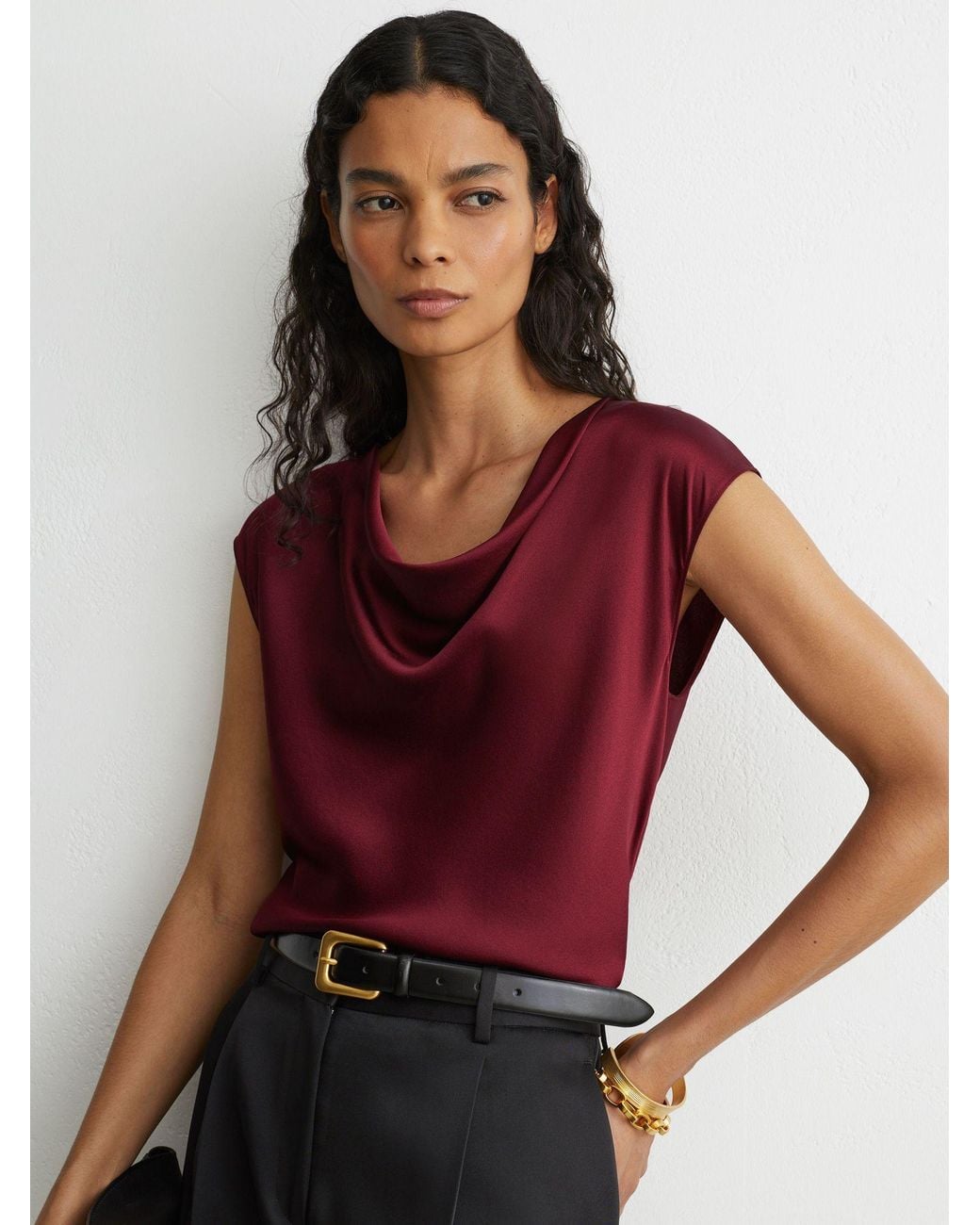 Reiss Red Silk Cowl-Neck Sleeveless Top