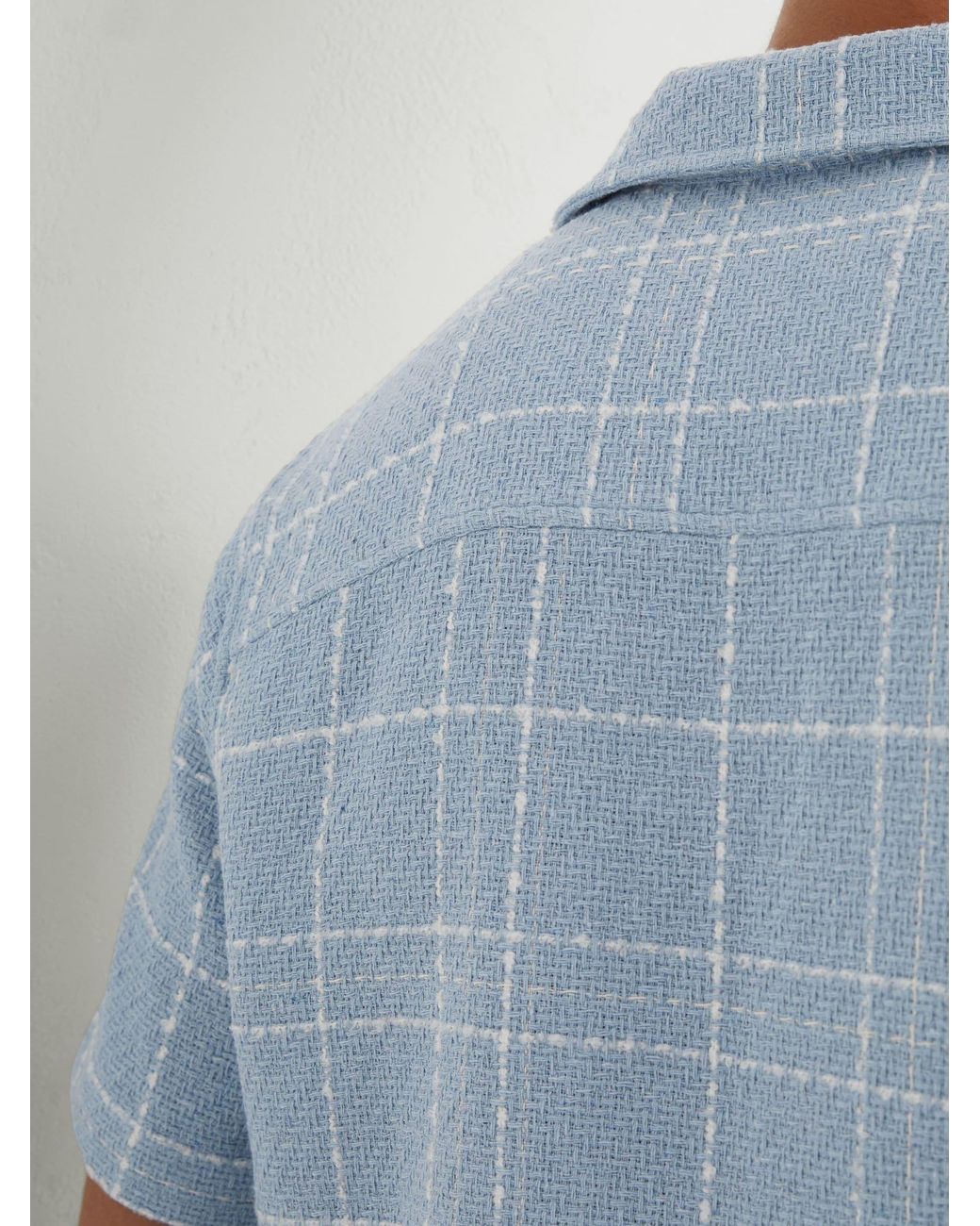 Reiss Blue Soft & Textured Check Cuban-Collar Shirt With Cotton for men