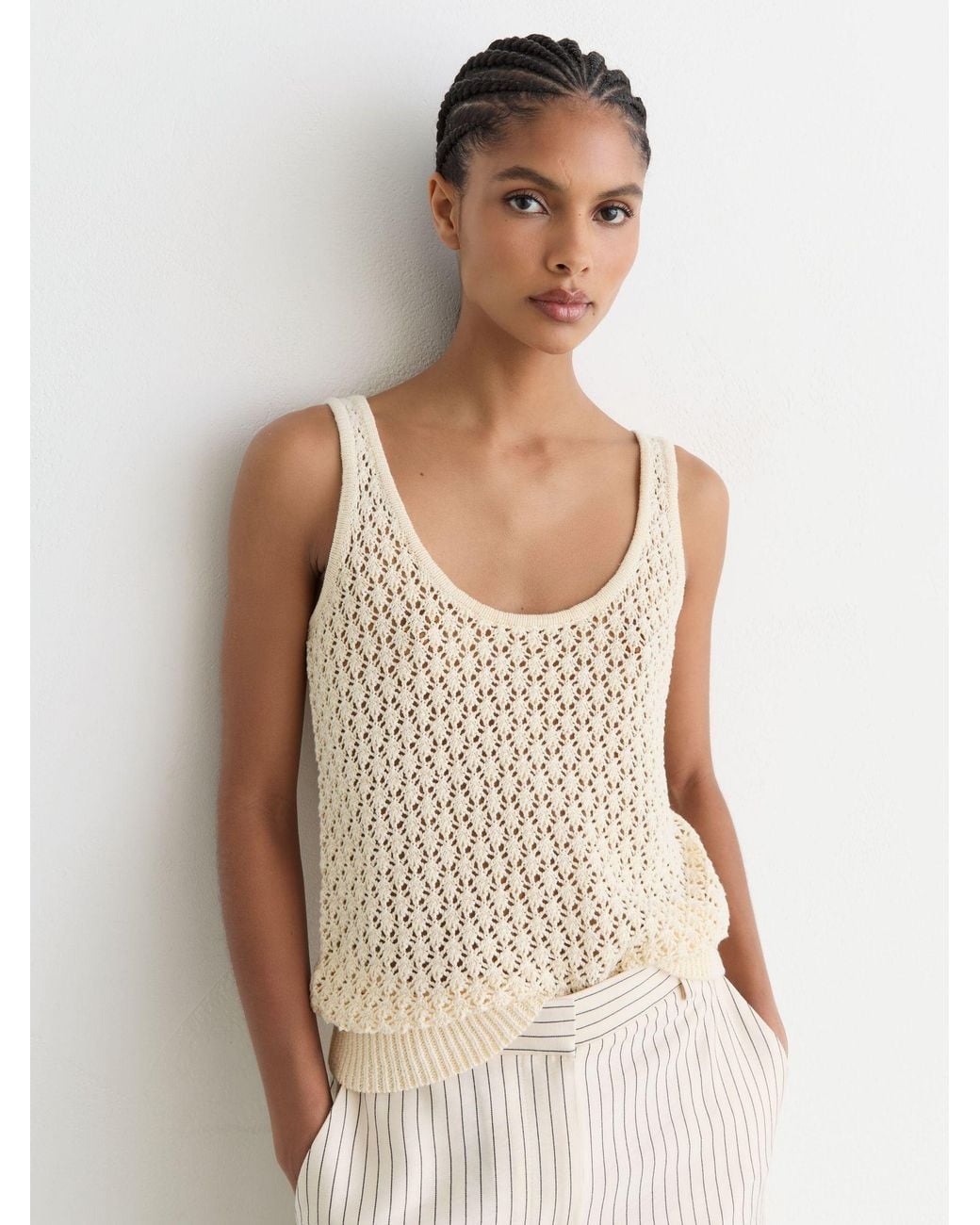 Reiss Natural Colette - Ivory Linen Open-stitch Knitted Vest, S (us 4-6)