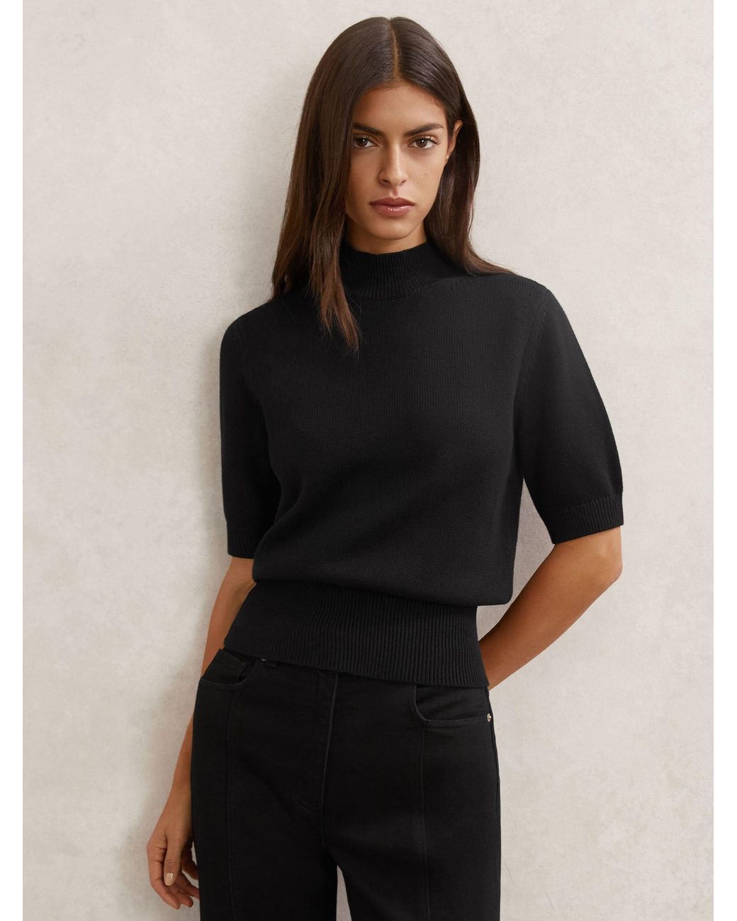 Reiss Black Cotton And Wool Funnel-Neck Knit Top