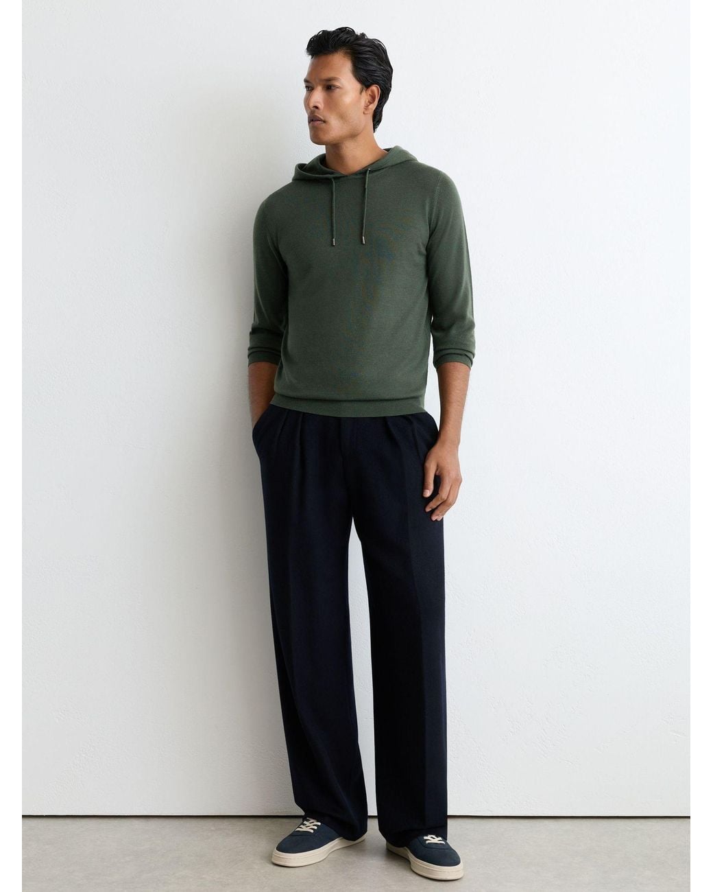 Reiss Green Merino Wool Drawstring Hoodie for men