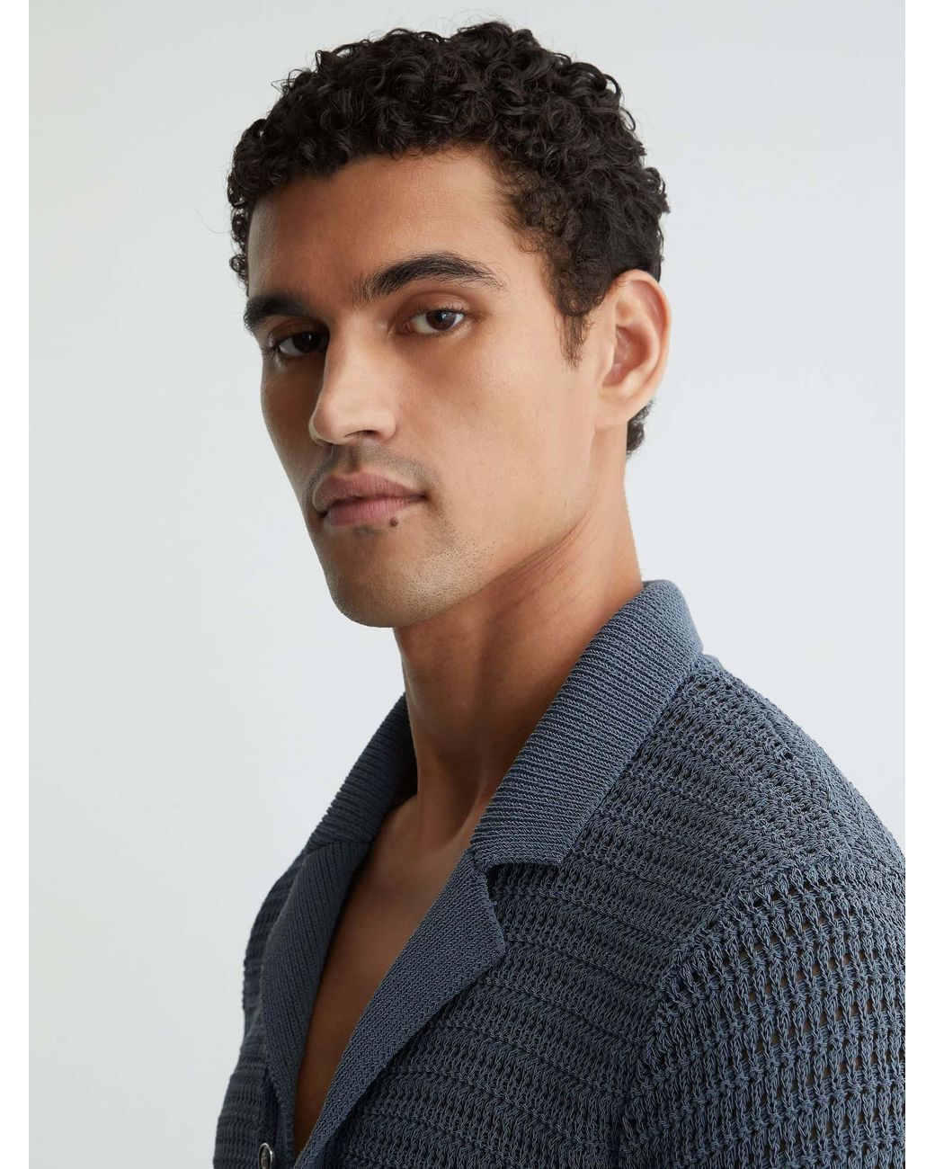 Reiss Blue Open-Knit Button-Through Shirt for men