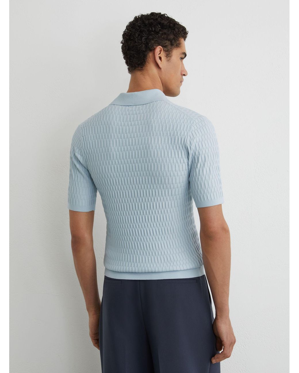 Reiss Blue Textured-Knit Half-Button Polo Shirt for men