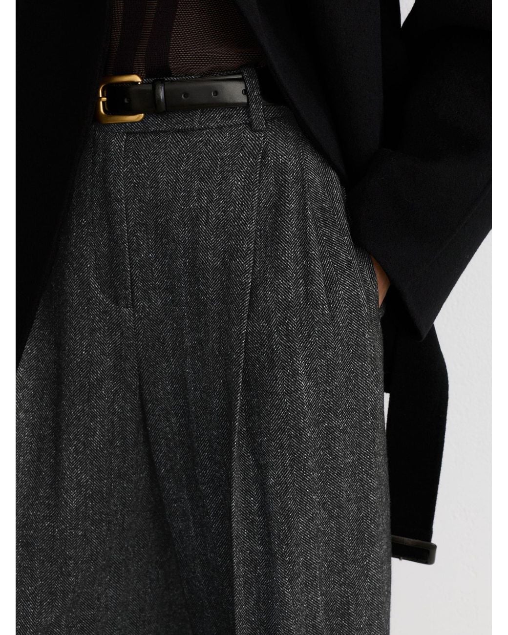 Reiss Black Wool-Silk Herringbone Wide-Leg Trousers