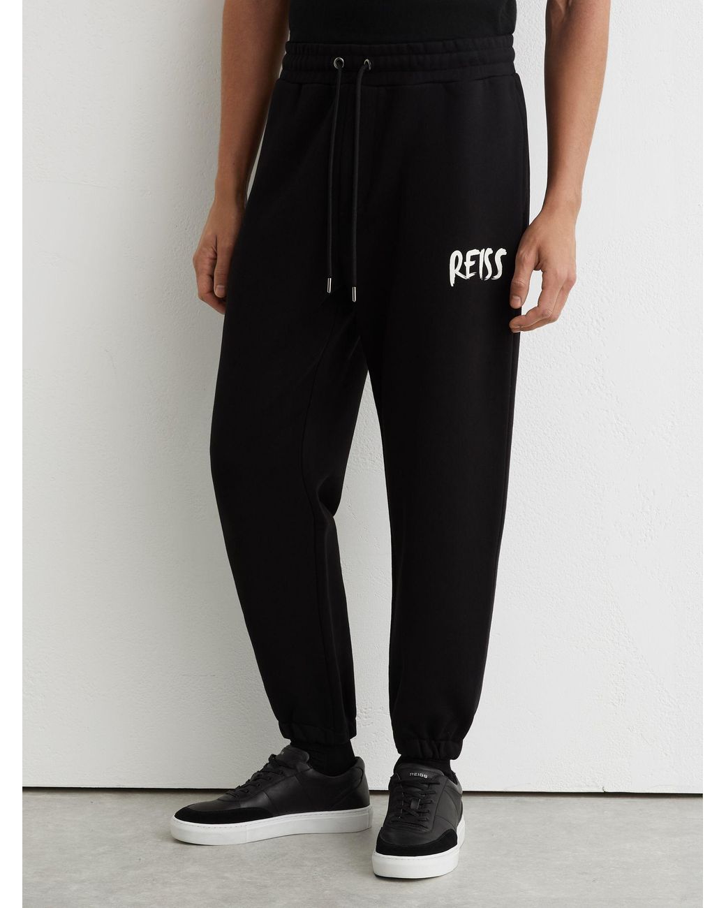 Reiss Edison - Black Cotton Logo-print Cuffed Joggers, L for men