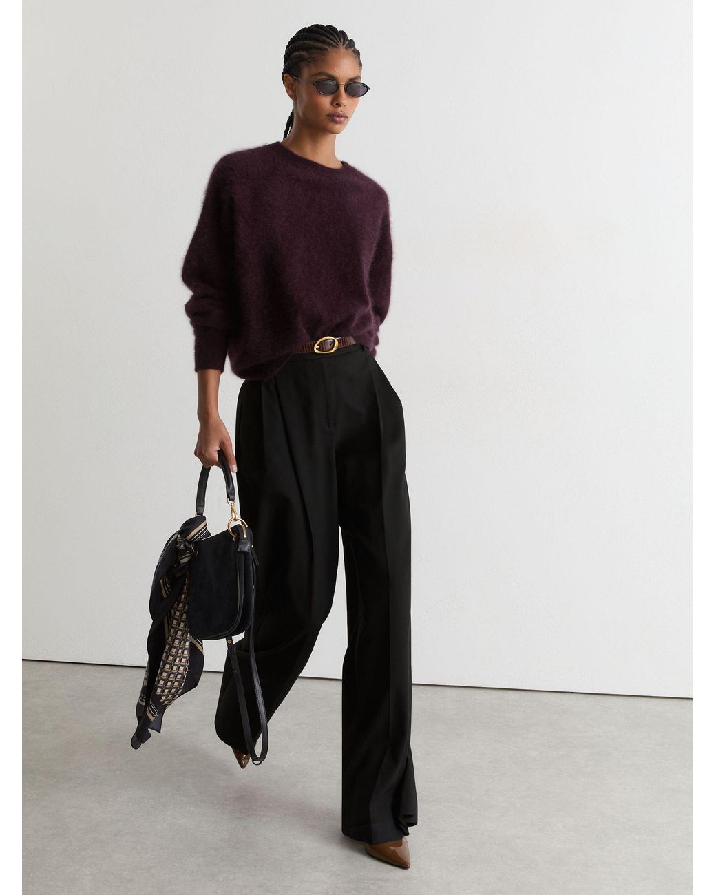 Reiss Black Wool-Blend Wide-Leg Pleated Trousers