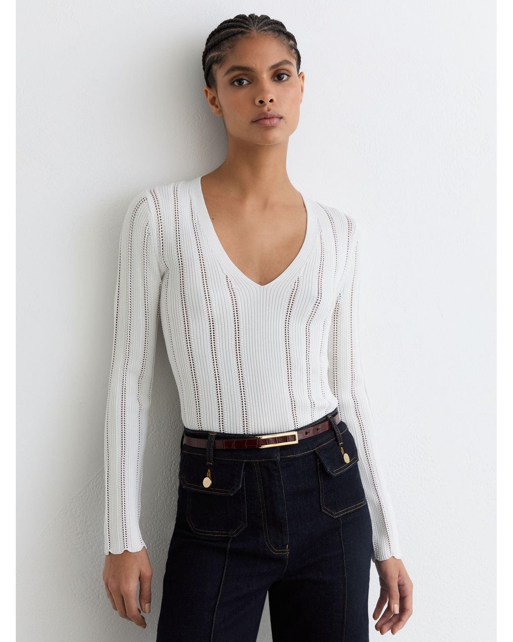 Reiss Loui - White Open-stitch V-neck Jumper, Xs (us 2)
