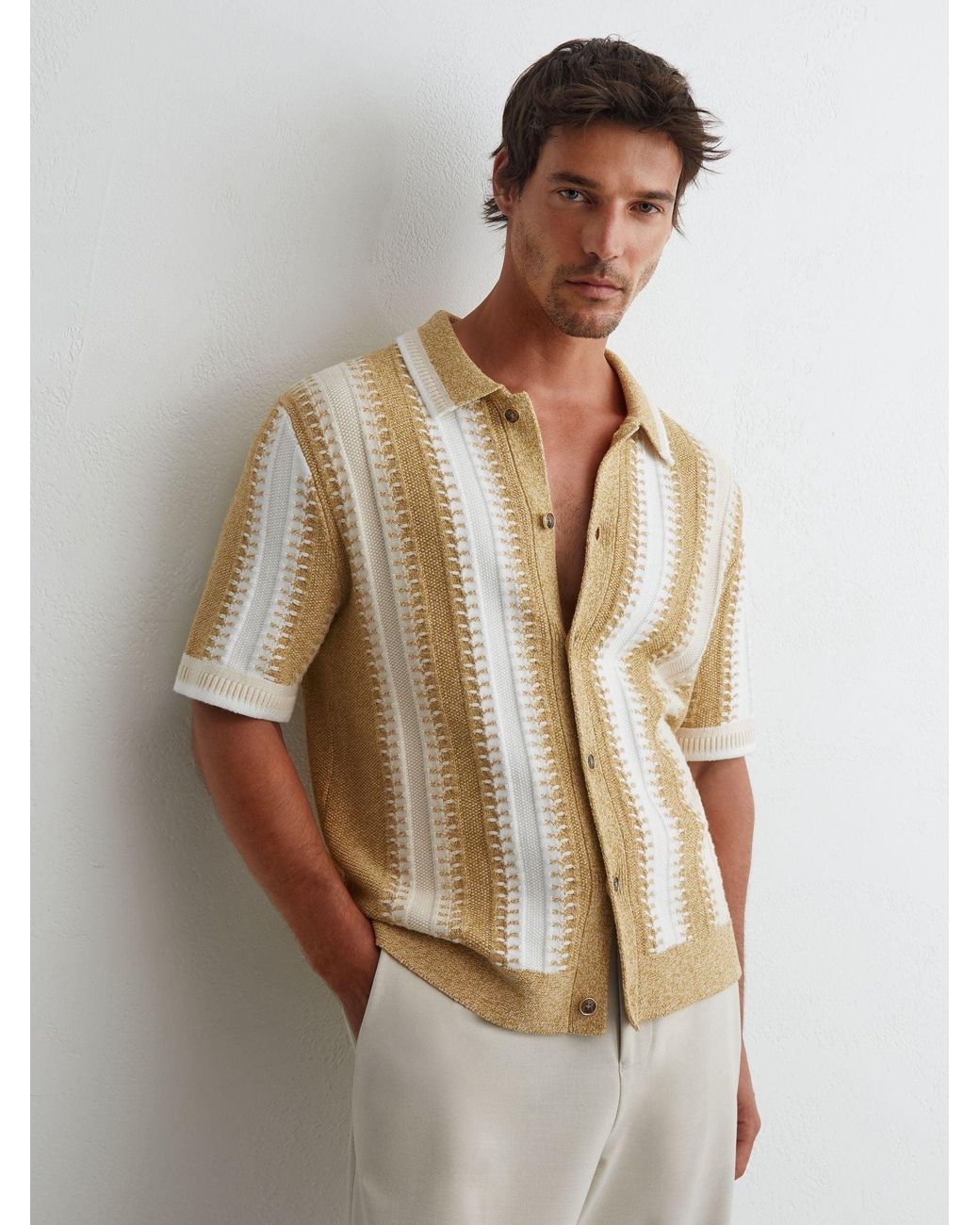 Reiss Natural Stitch-Detail Stripe Knitted Shirt With Cotton for men