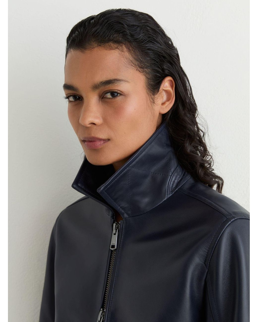 Reiss Gray Petite Leather Zip-Through Moto Jacket