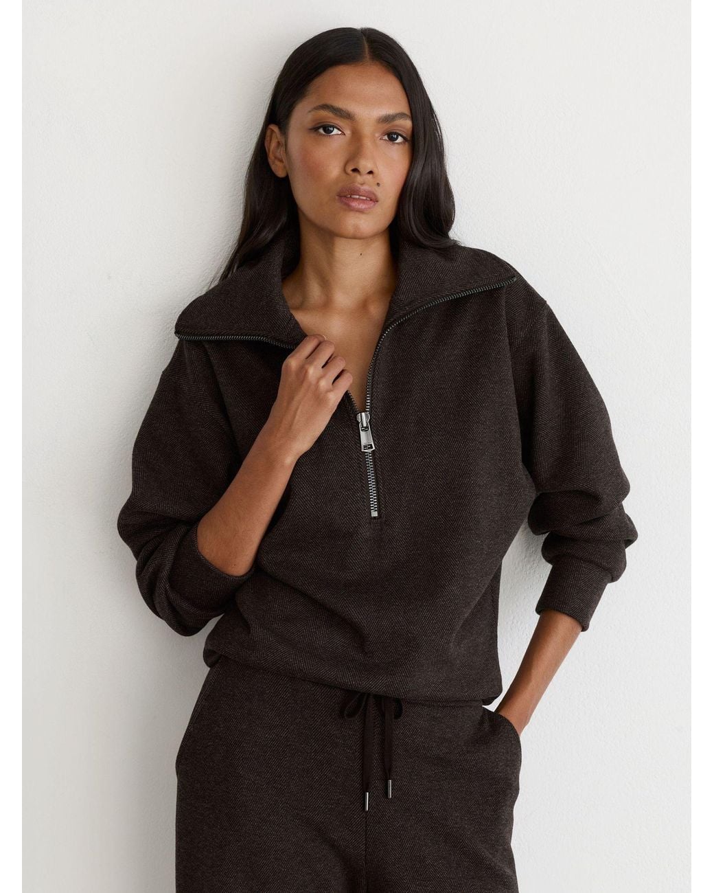 Reiss Black Herringbone Half-Zip Sweatshirt