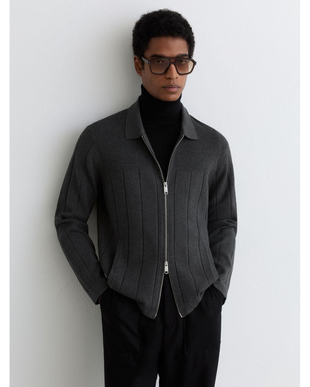 Reiss Black Cassius - Charcoal Melange Wide-rib Zip-through Cardigan, M for men