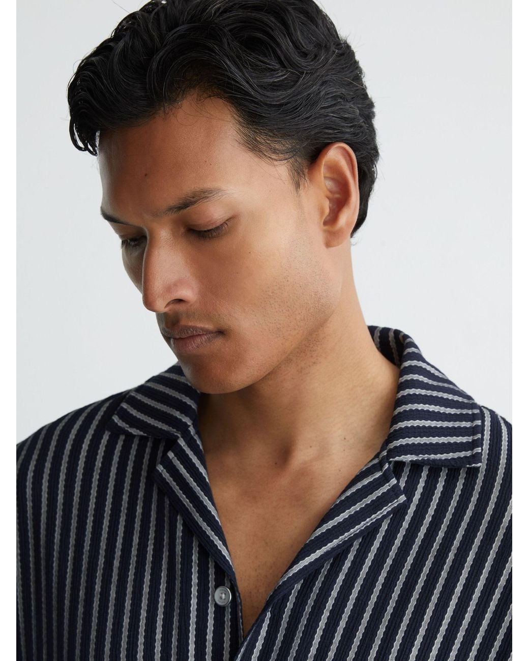 Reiss Blue Textured Stripe Cuban-Collar Shirt for men