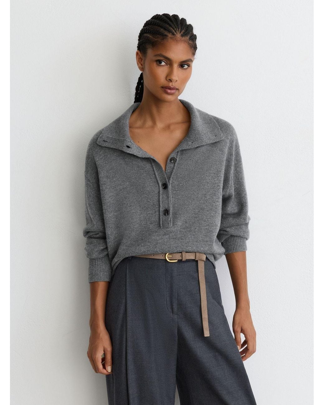 Reiss Gray Wool-Cashmere Half-Button Jumper