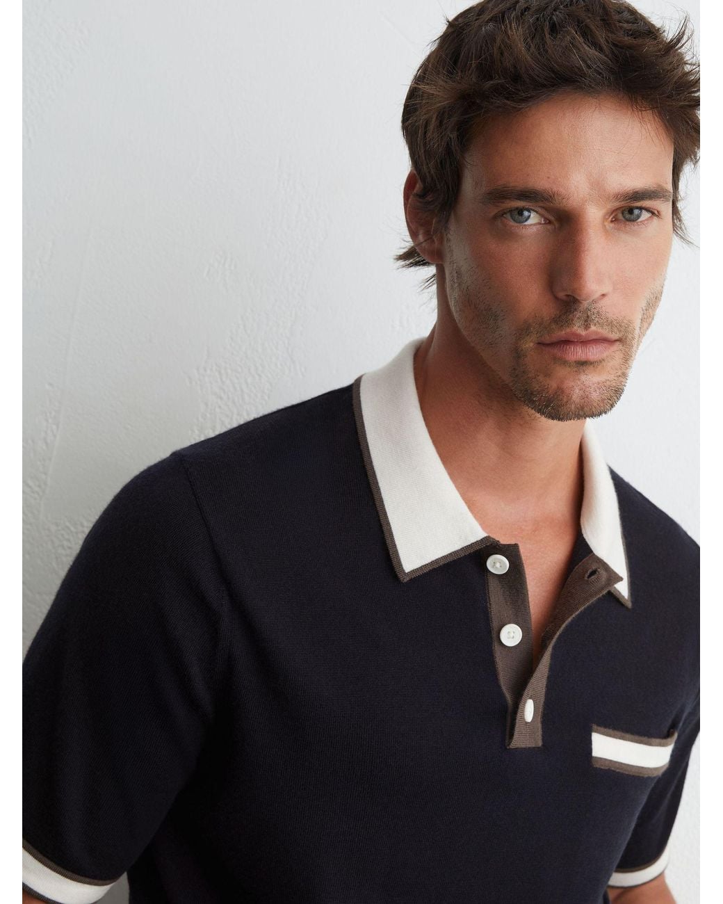 Reiss Black Merino Wool Contrast-Trim Polo Shirt for men