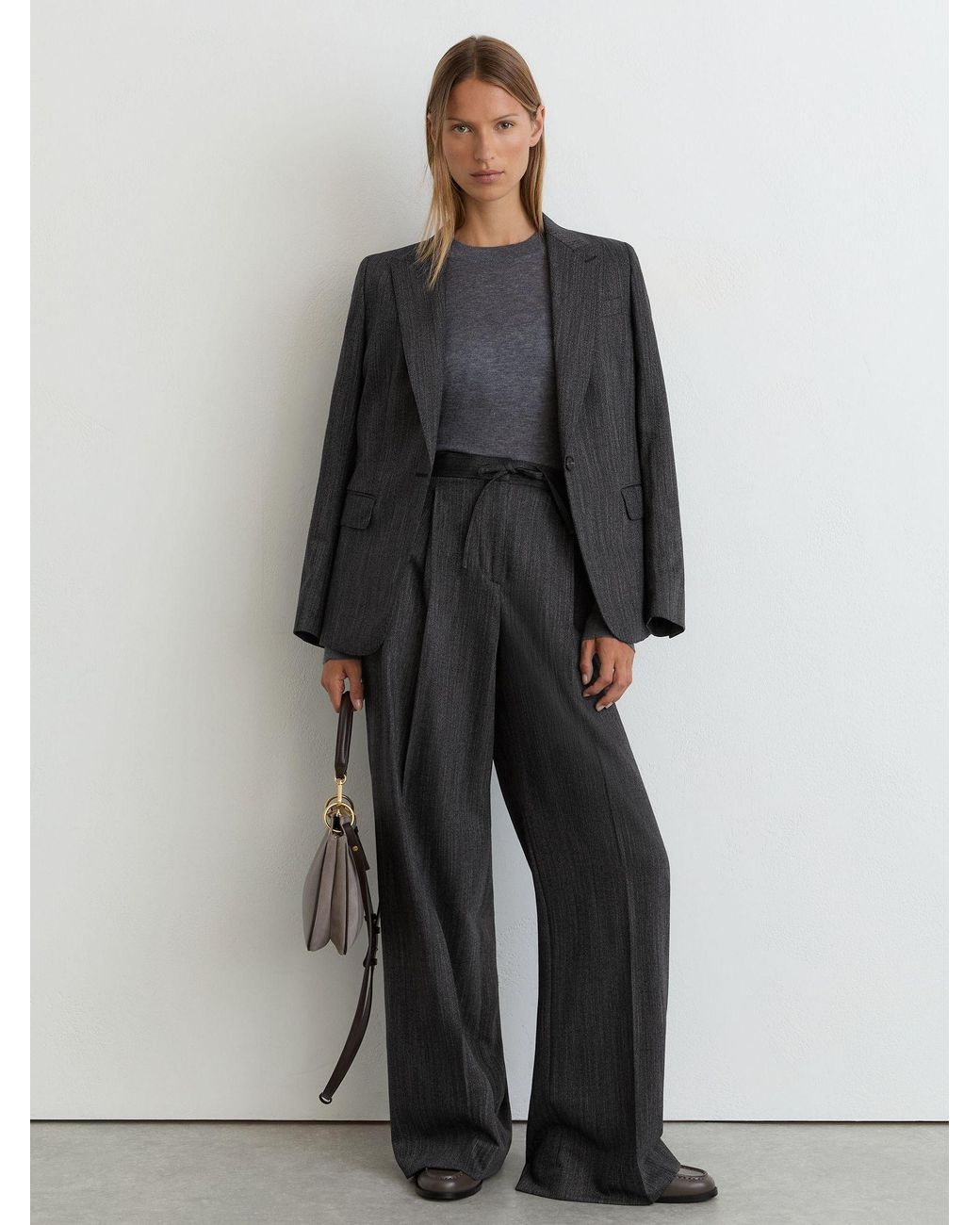 Reiss Gray Wool-Blend Herringbone Wide-Leg Trousers