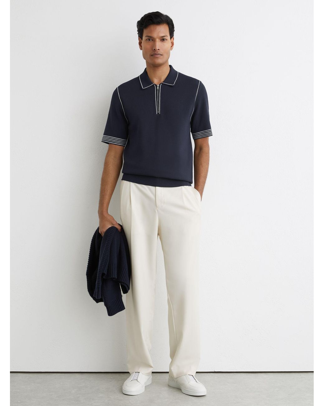 Reiss Blue Stitch-Detail Half-Zip Polo Shirt for men