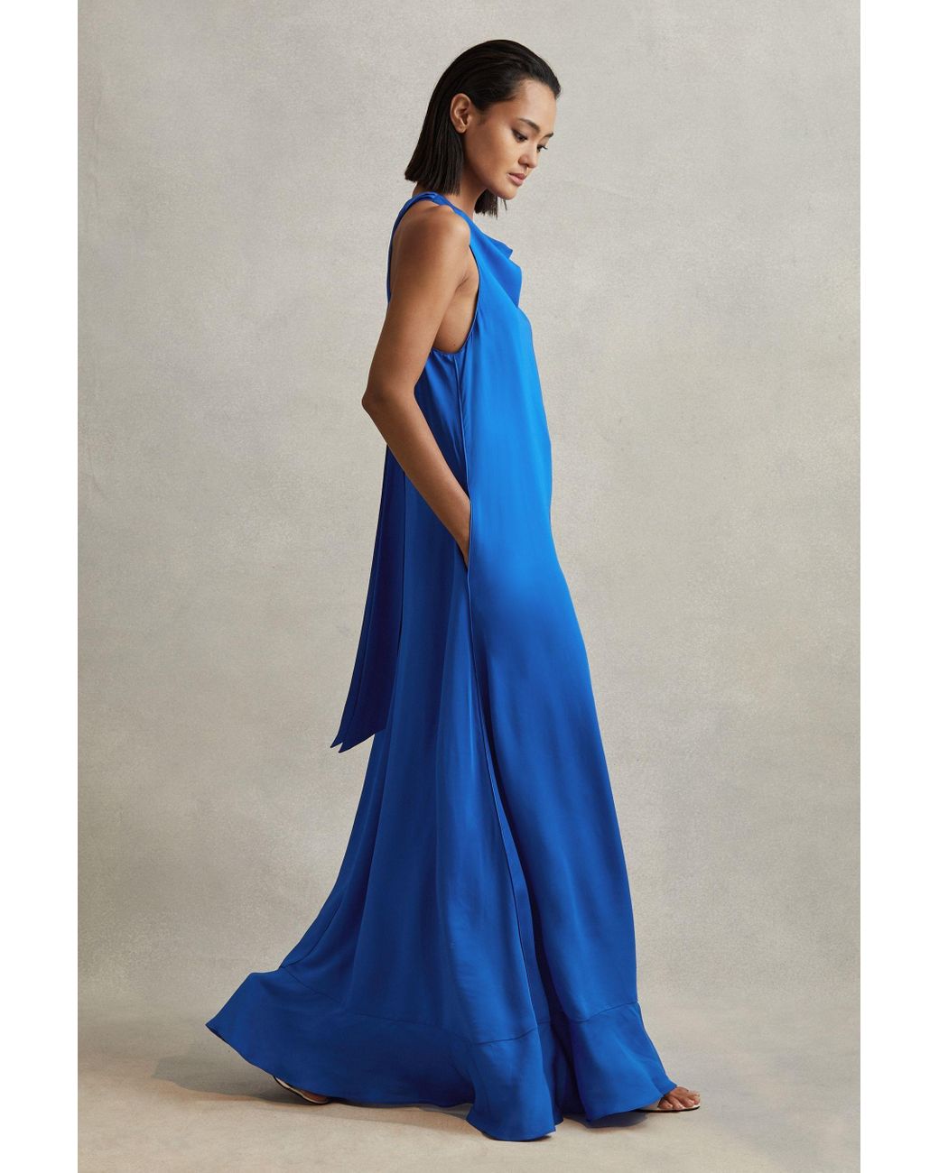 Reiss Tie Neck Column Maxi Dress in Blue | Lyst