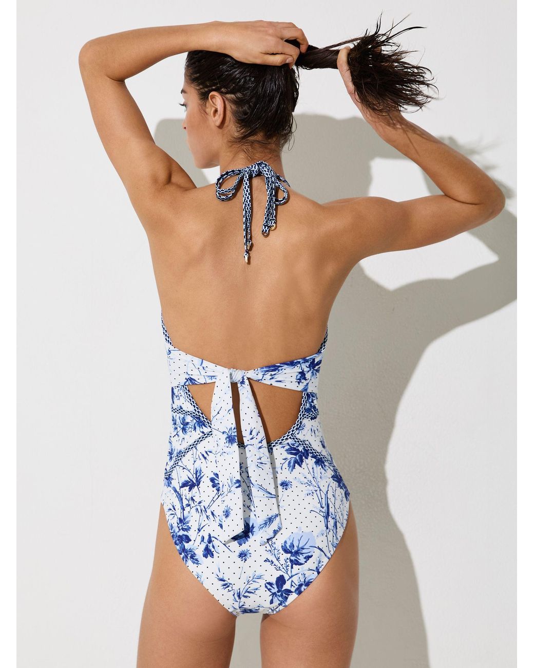 Reiss Blue Floral-Print Plunge Halterneck Swimsuit