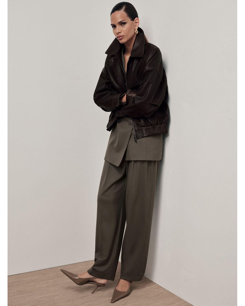 Reiss Brown Maeve Ebony Leather Twin-Pocket Relaxed Jacket, Dark
