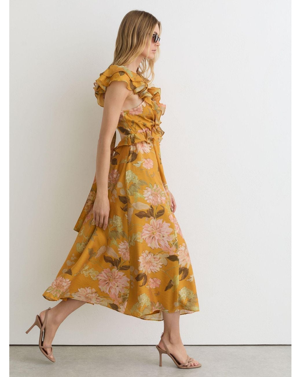 Reiss Metallic Floral-Print Frill-Trim Midi Dress