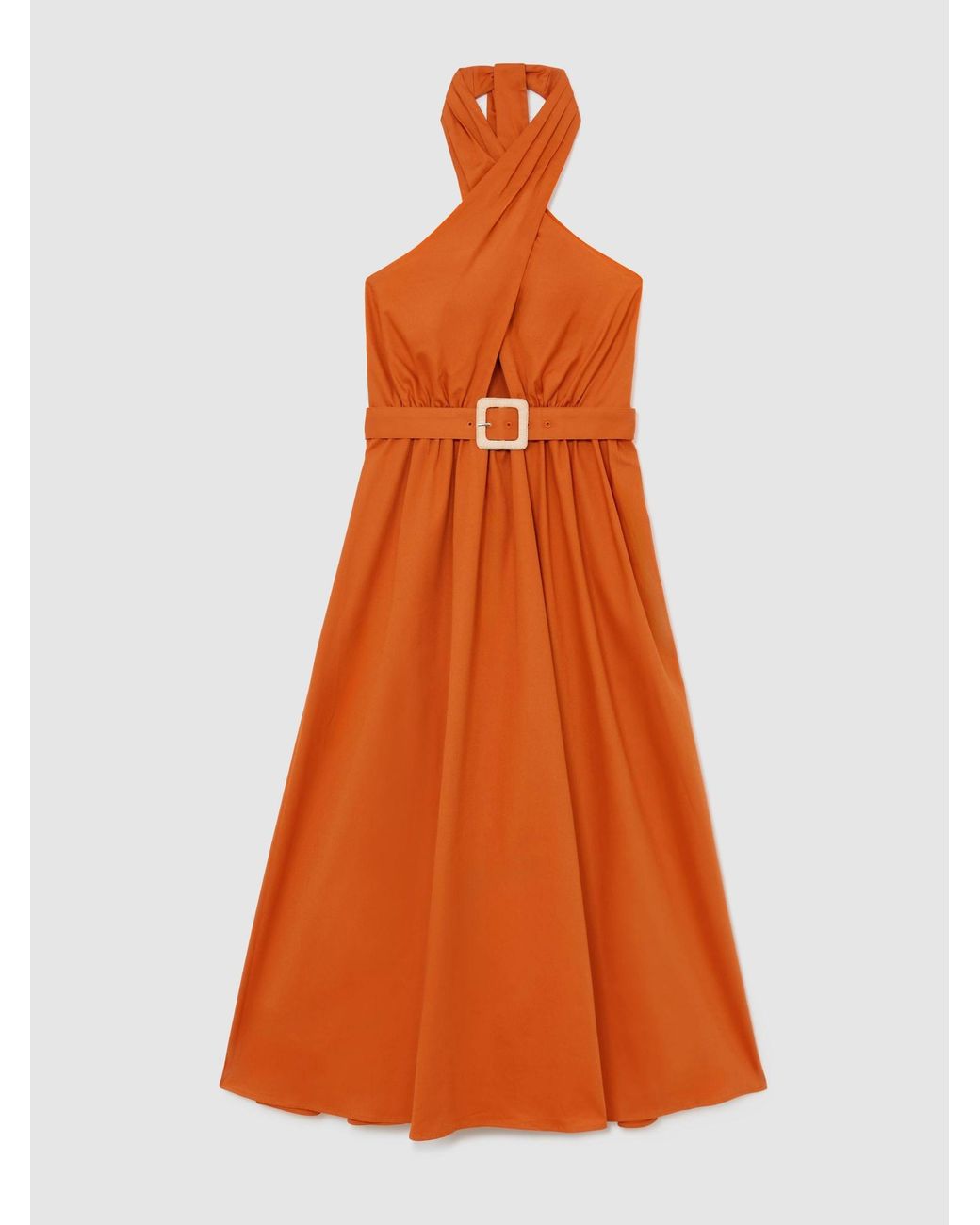 Reiss Rowe - Orange Cotton Halterneck Belted Midi Dress, Us 12