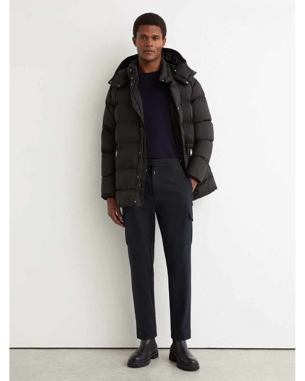 Reiss Black Technical Drawstring Tapered Trousers for men