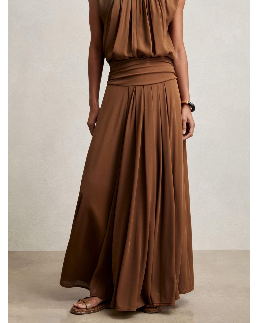 Reiss Brown Jersey Ruched-Waist Maxi Skirt