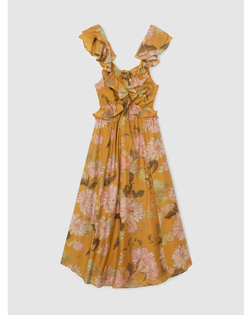Reiss Metallic Floral-Print Frill-Trim Midi Dress