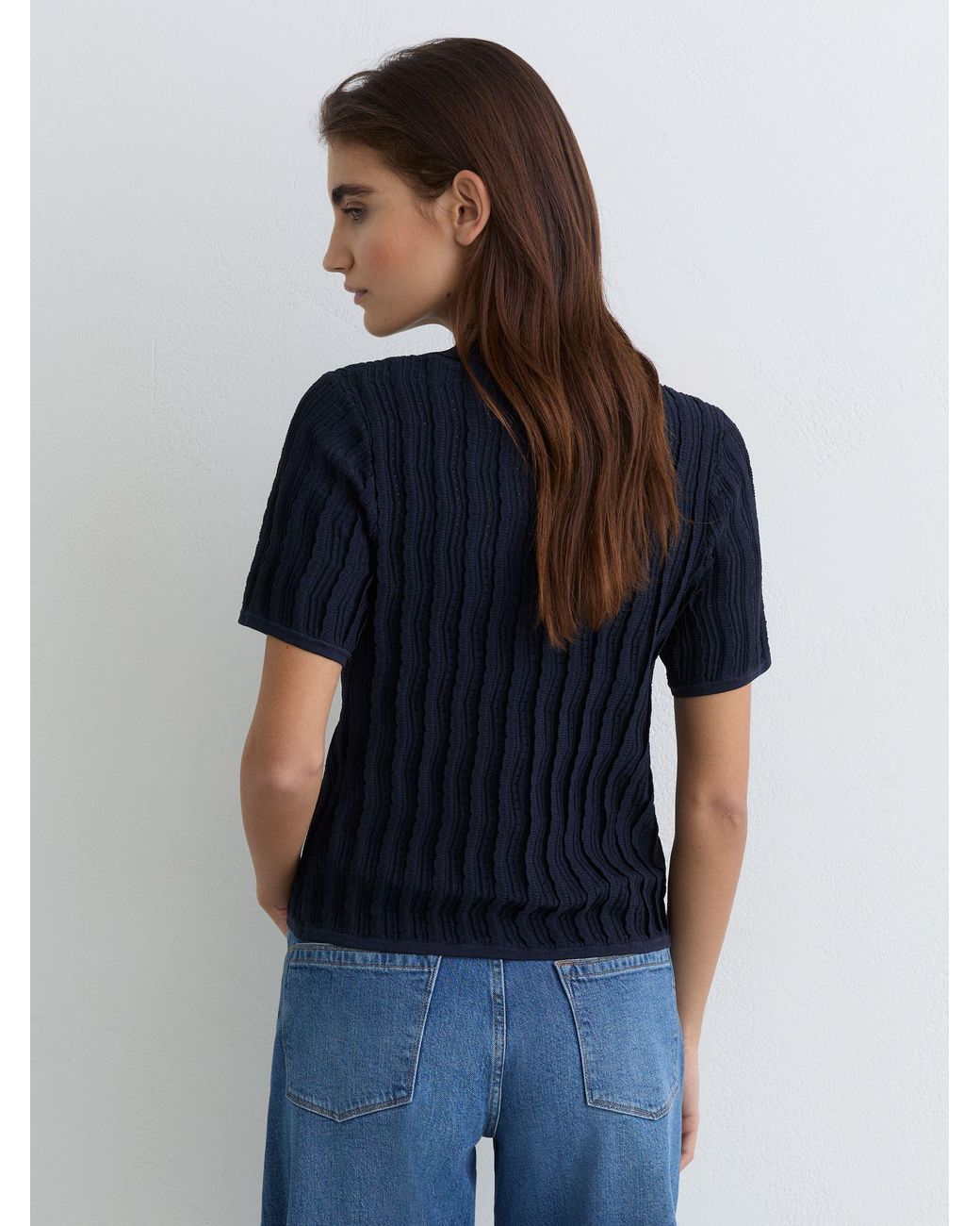 Reiss Blue Stitch-Detail Short-Sleeve Knitted Shirt