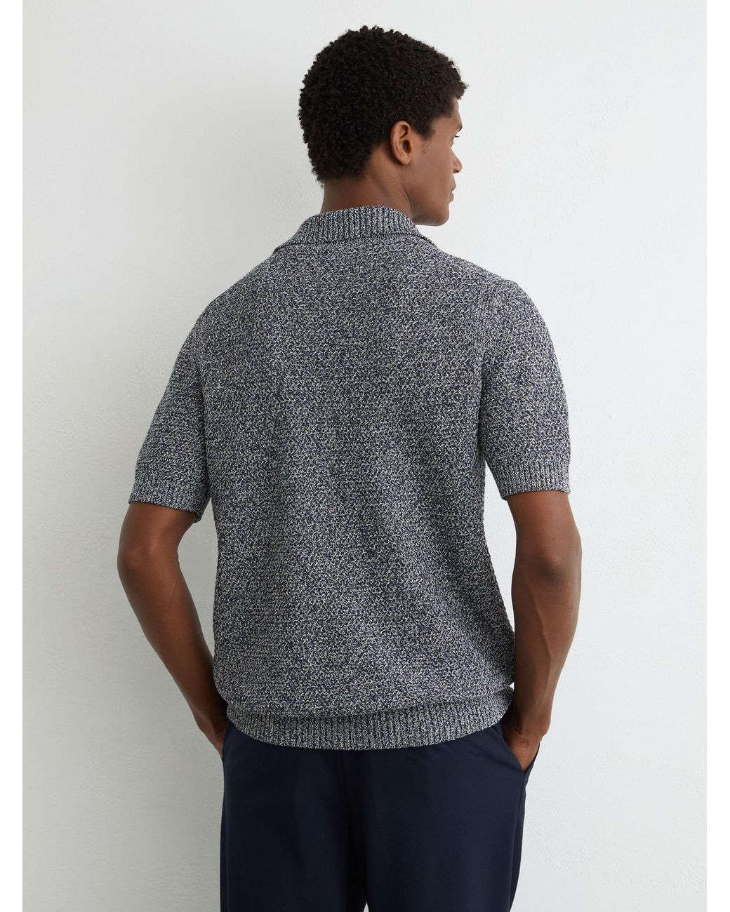 Reiss Owen - Indigo Blue Speckle-knit Open-collar Polo Jumper, Xxl for men