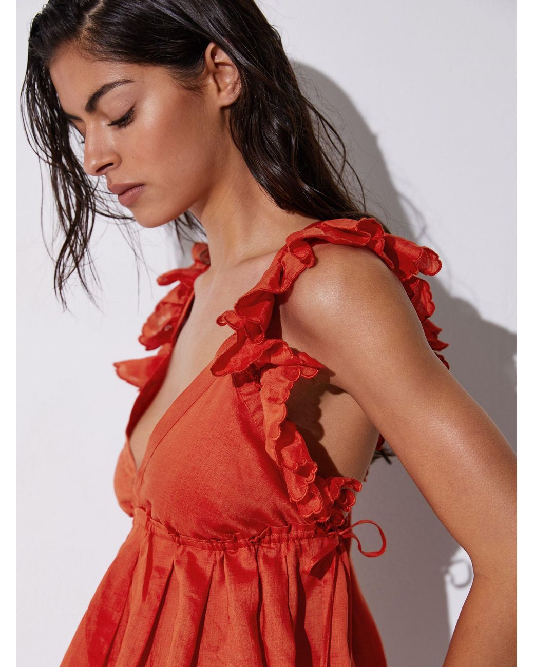 Reiss Red Ruffle Trim Side-Tie Babydoll Top