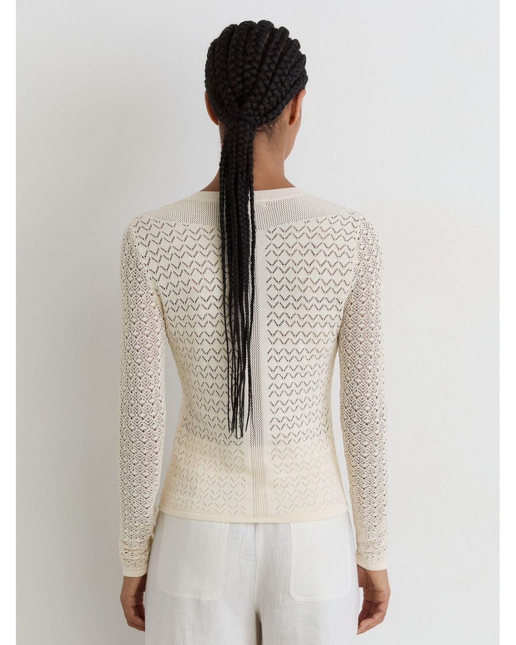 Reiss White Bella - Ivory Pointelle-knit Long-sleeve Top, M (us 8-10)