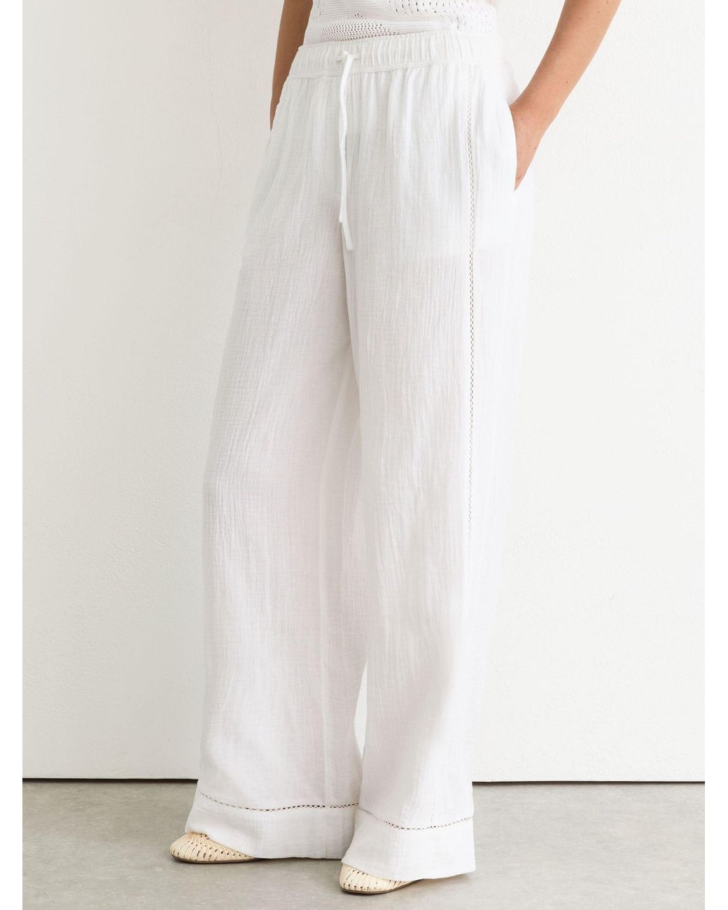 Reiss White Cotton Cheesecloth Wide-Leg Trousers