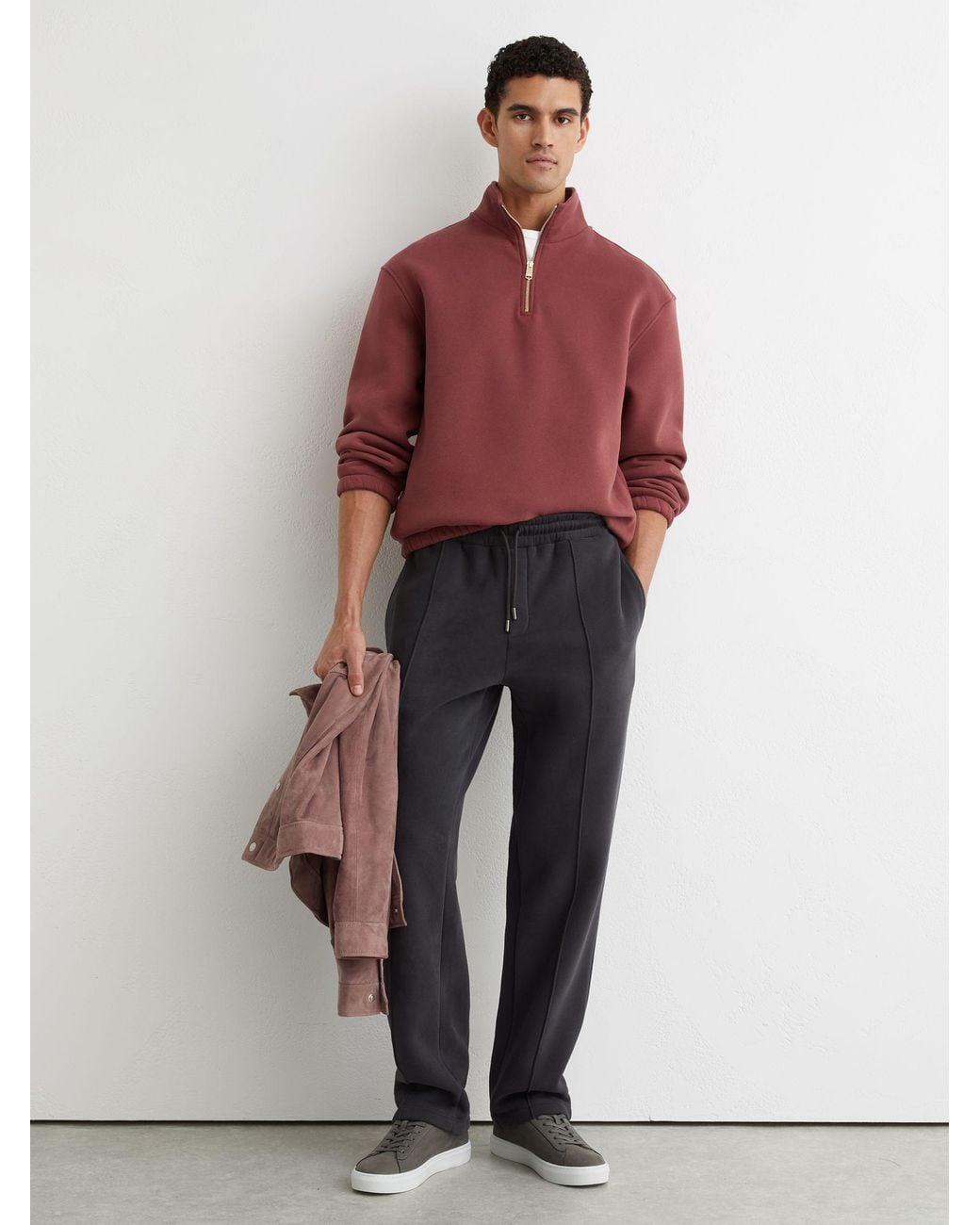 Reiss Brown Cotton-Blend Washed Half-Zip Sweatshirt for men