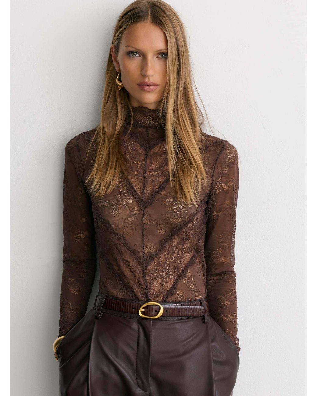Reiss Brown Lace Long-Sleeve High-Neck Top