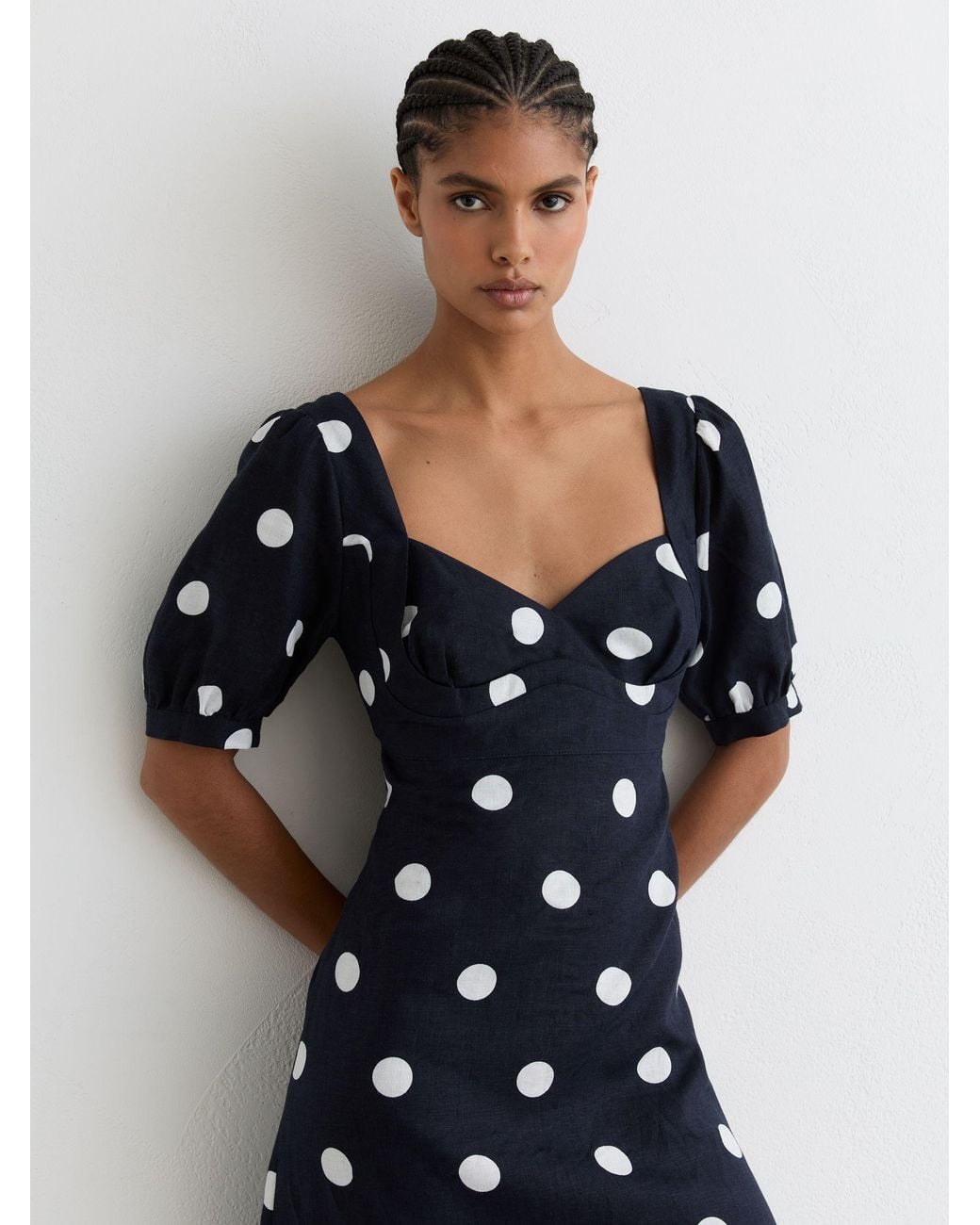Reiss Blue Astrid Puff-Sleeve Polka-Dot Linen Midi Dress