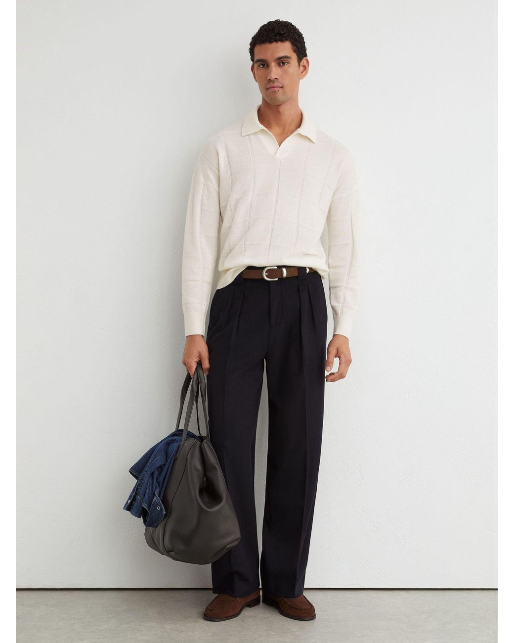 Reiss Compton - White Wool Square-textured Open-collar Polo Jumper, S for men