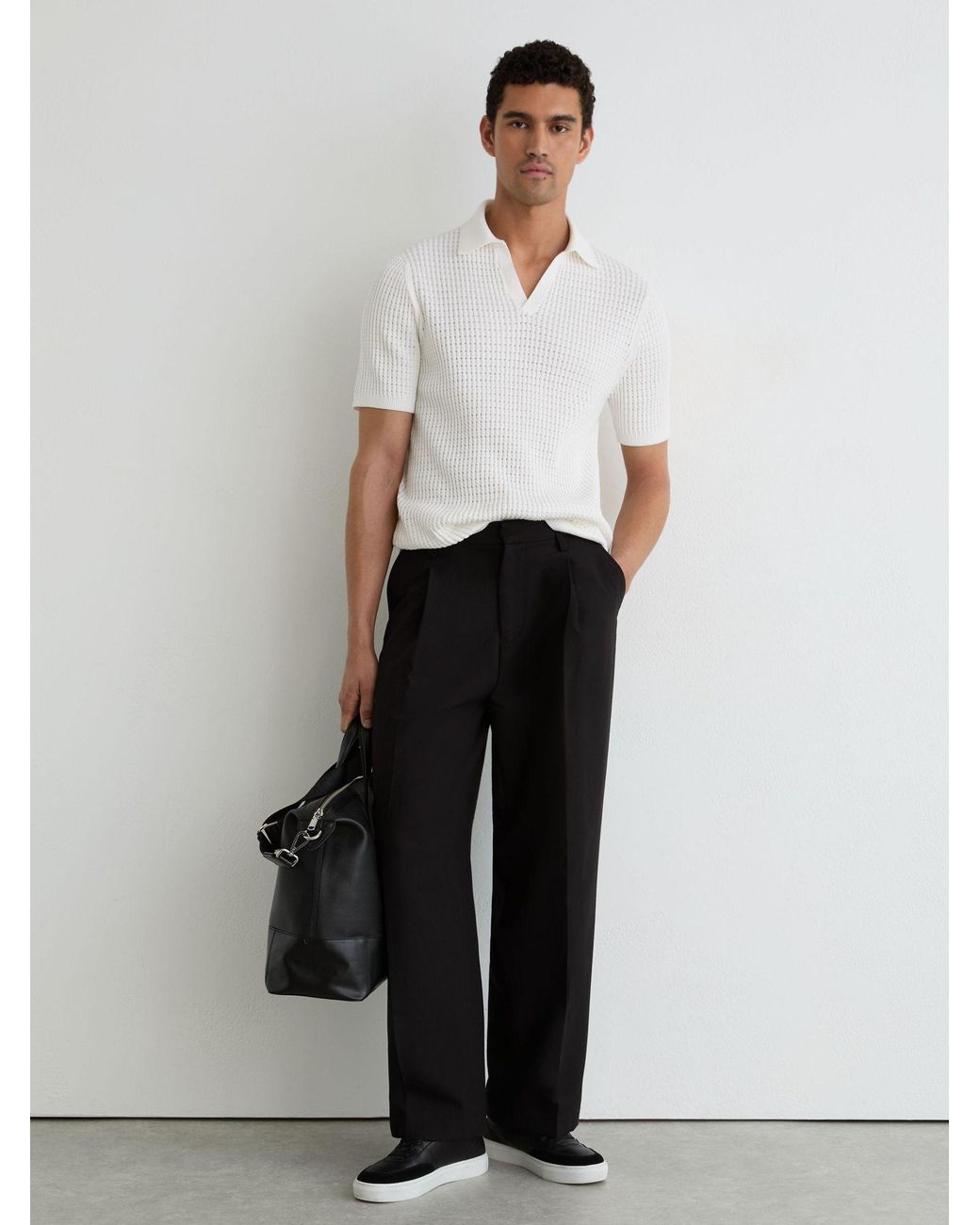 Reiss White Micro-Cable Knit Open-Collar Polo for men