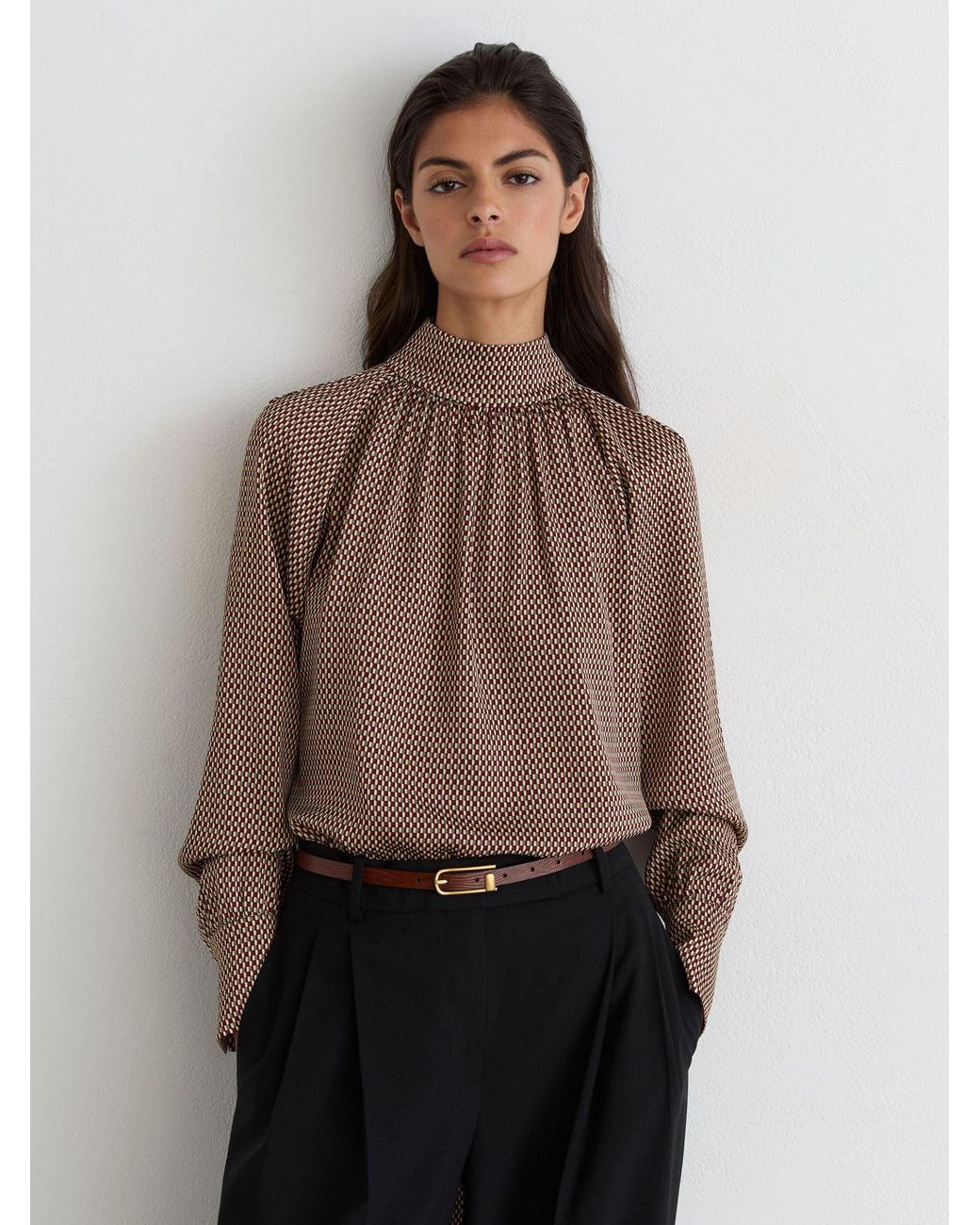 Reiss Brown Geometric-Print Tie-Neck Blouse