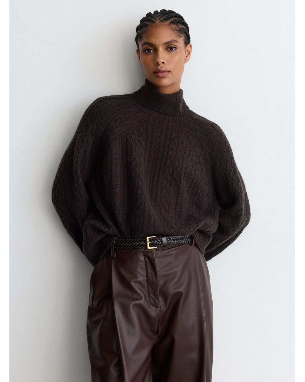 Reiss Black Wool-Cashmere Cable-Knit Roll-Neck Jumper