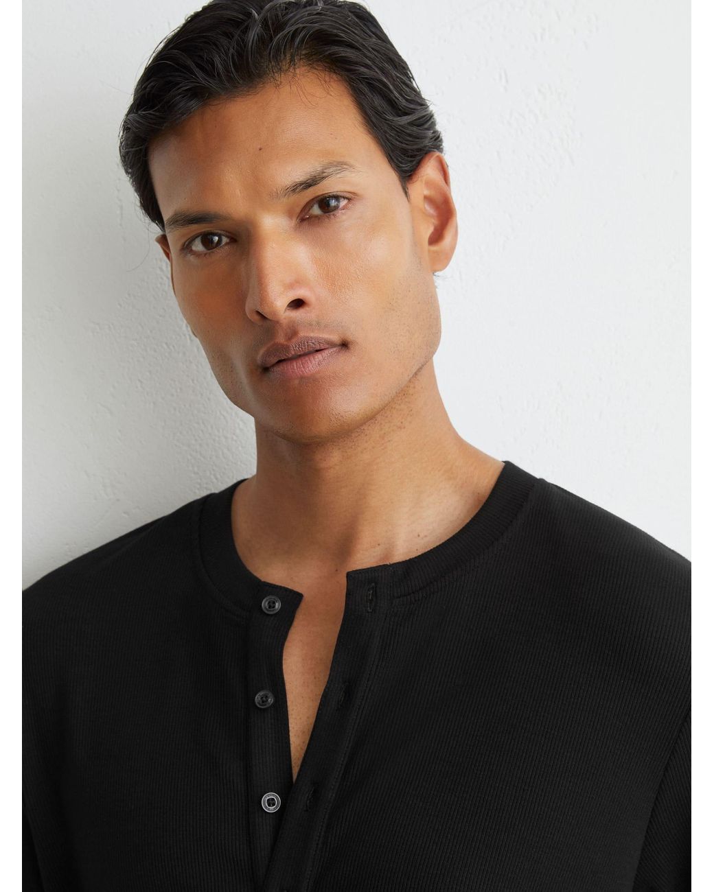Reiss Black Ribbed Long-Sleeve Henley T-Shirt for men