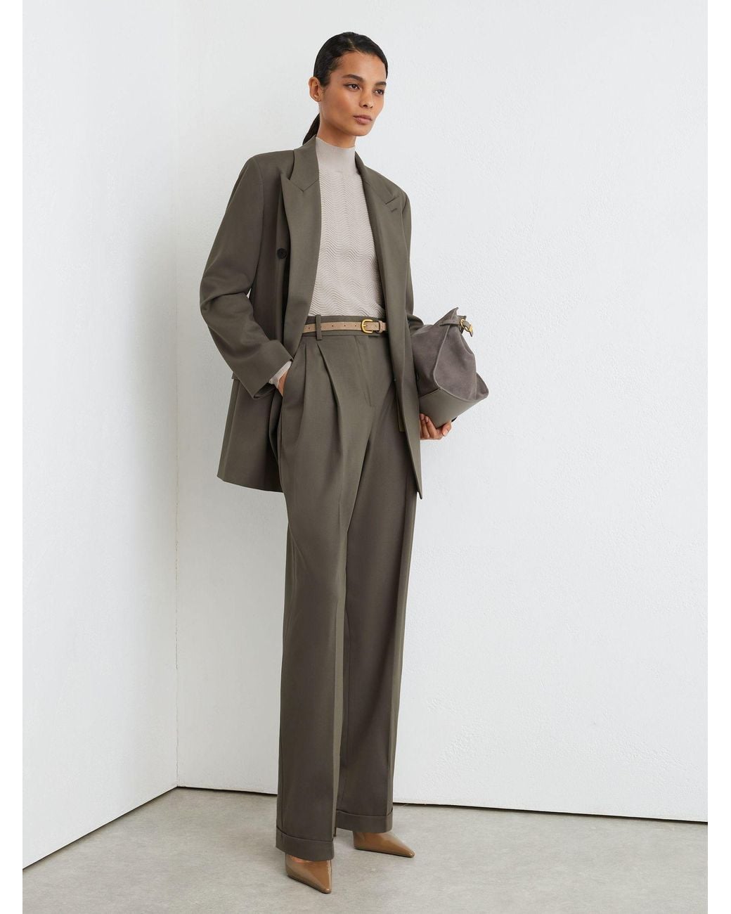 Reiss Gray Sage Leisel Petite Wool-Blend Wide-Leg Pleated Suit Trousers
