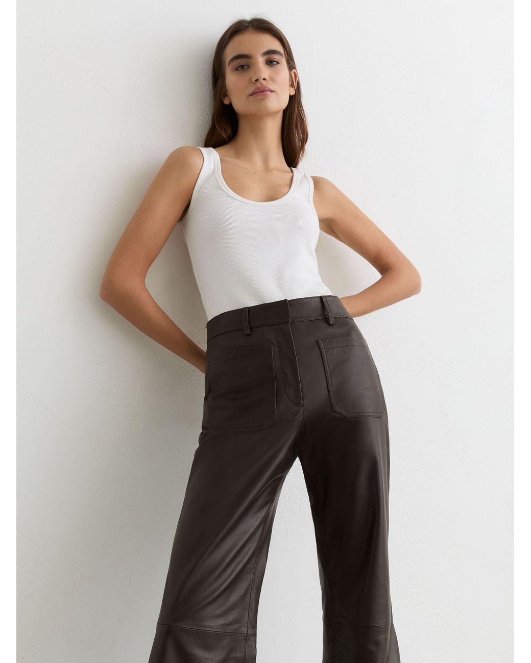 Reiss White Priya - Chocolate Brown Leather Patch-pocket Flared Trousers, Us 4 Regular