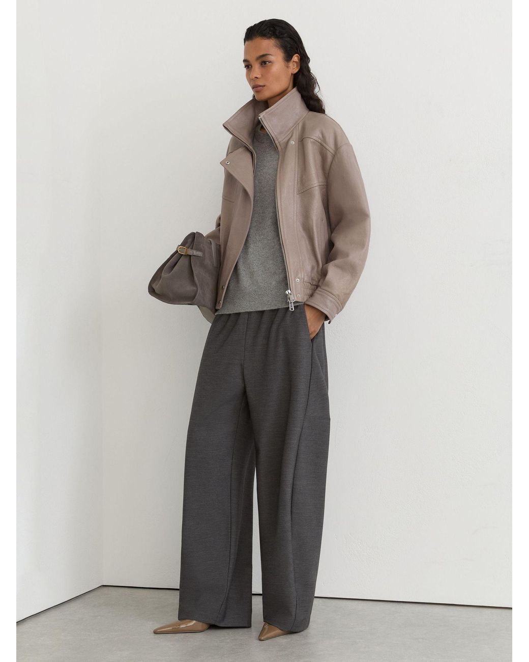 Reiss Natural Petra - Grey Petite Textured Leather Oversized Jacket, Us 8
