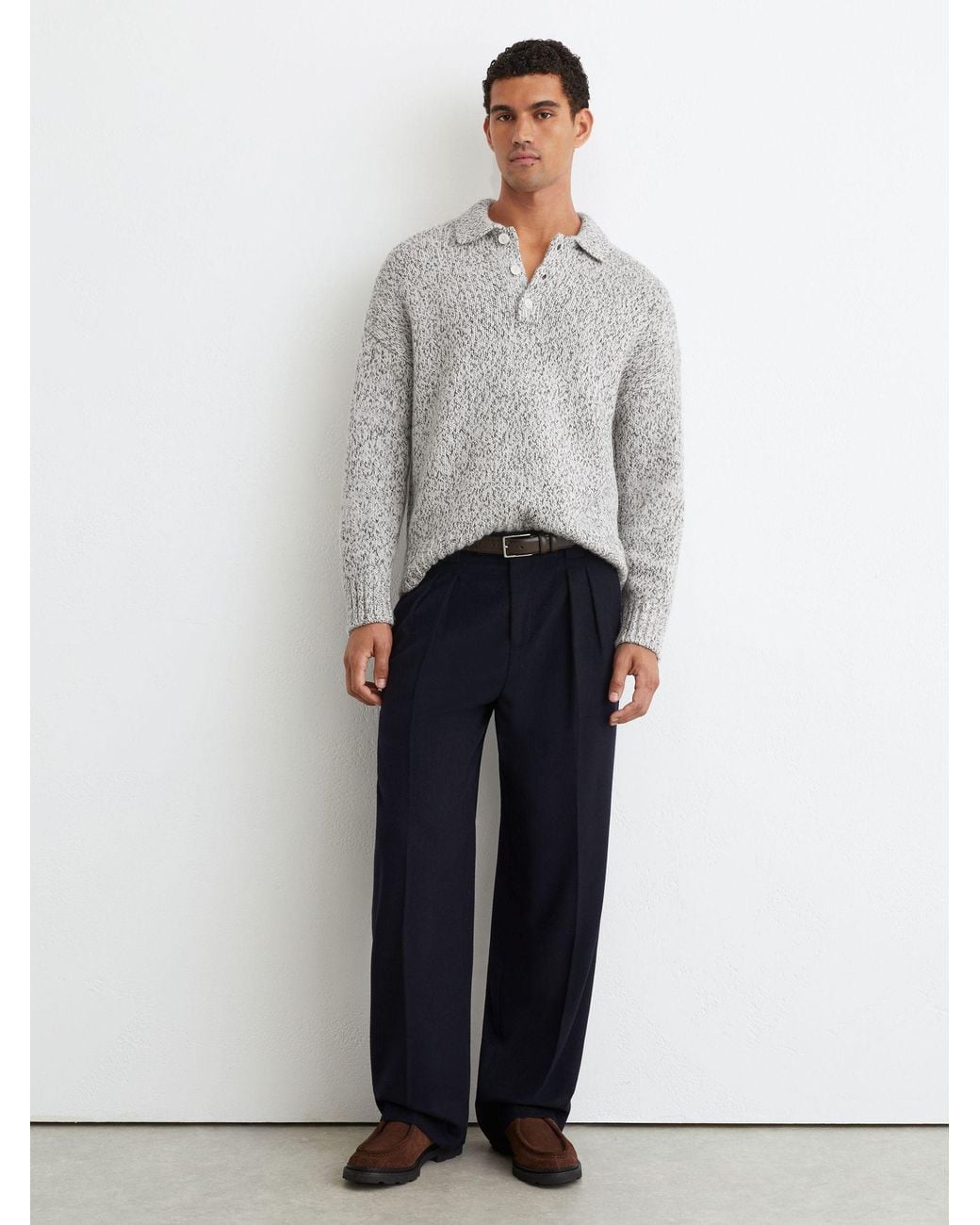Reiss Gray Wool-Blend Speckled-Knit Half-Button Jumper for men
