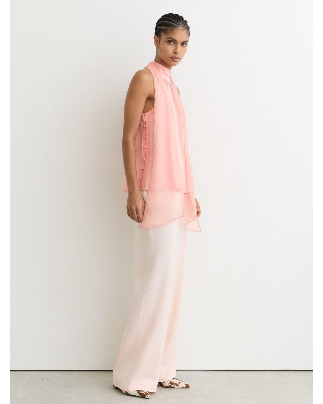 Reiss Pink Satin Sleeveless Scarf-Neck Top