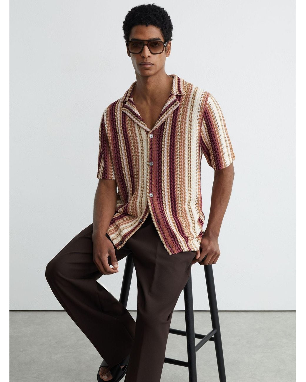 Reiss White Stripe-Knit Cuban-Collar Shirt for men