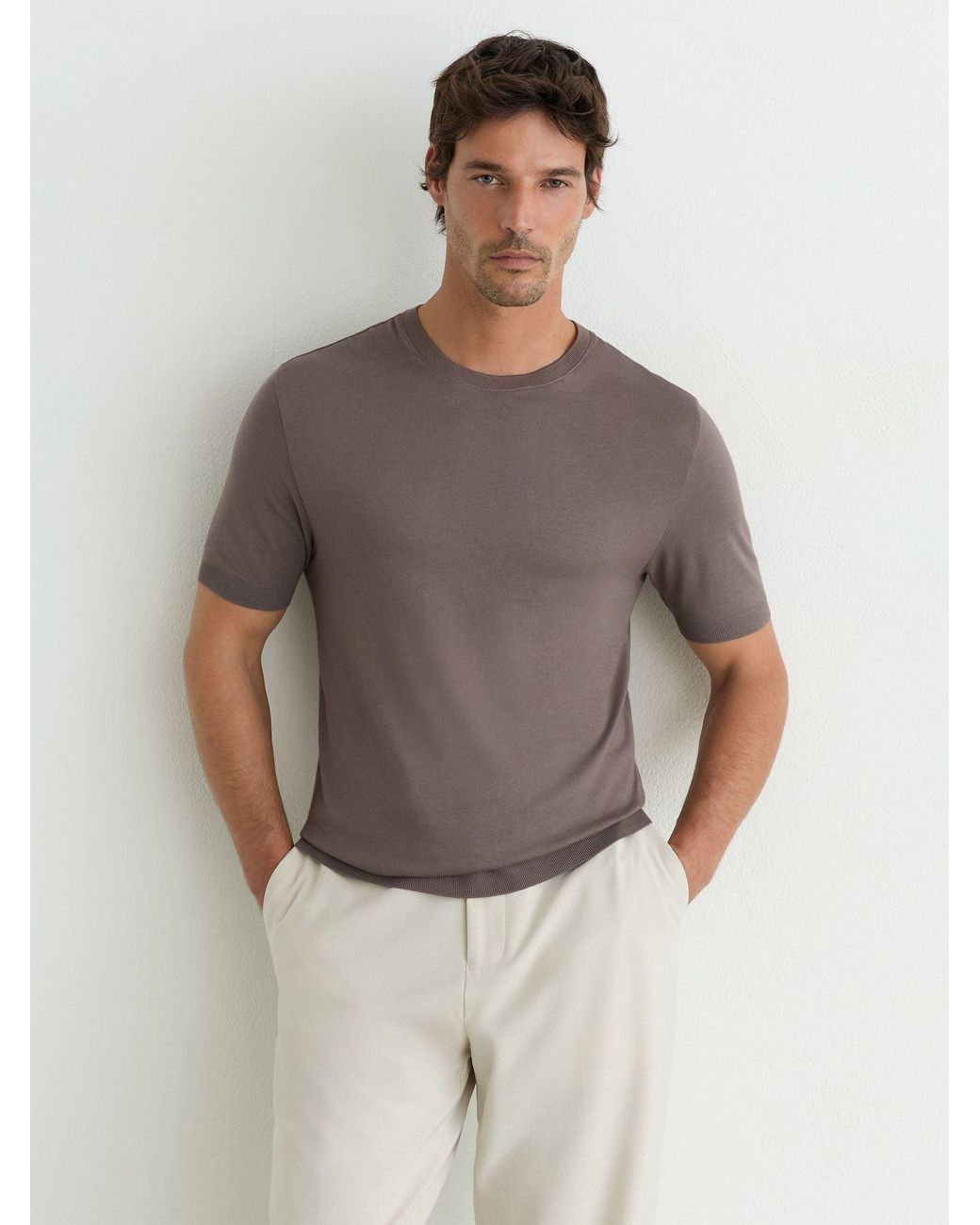 Reiss Brown Cotton- Crew-Neck Modern-Fit T-Shirt for men