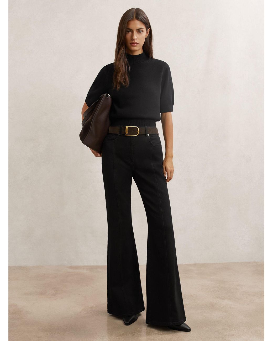 Reiss Black Cotton And Wool Funnel-Neck Knit Top
